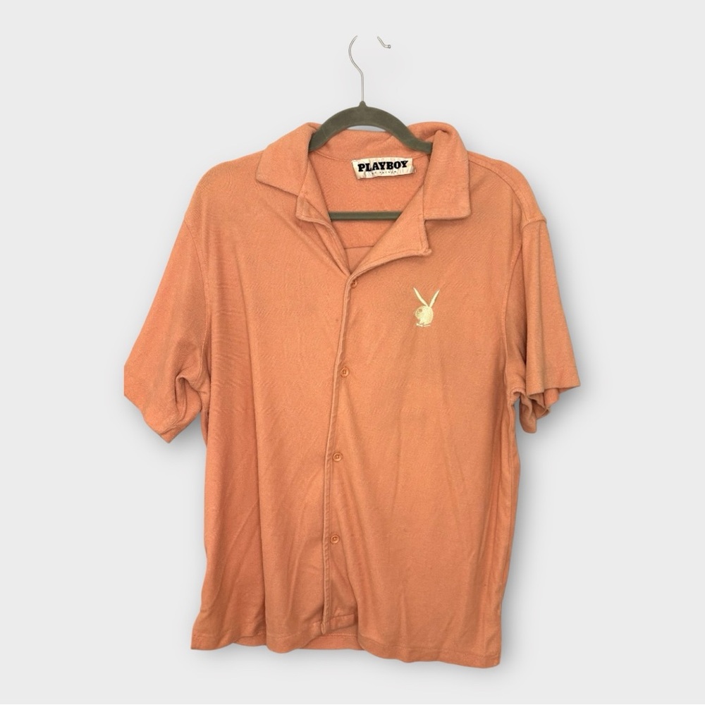 Y2K Playboy PacSun Orange Terry Cloth Camp Collar Button Down Shirt Medium